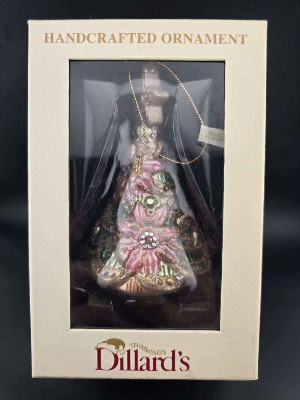 Dillards Handcrafted Glitter Christmas Tree Ornament Pink Green & Rhinestones 5"